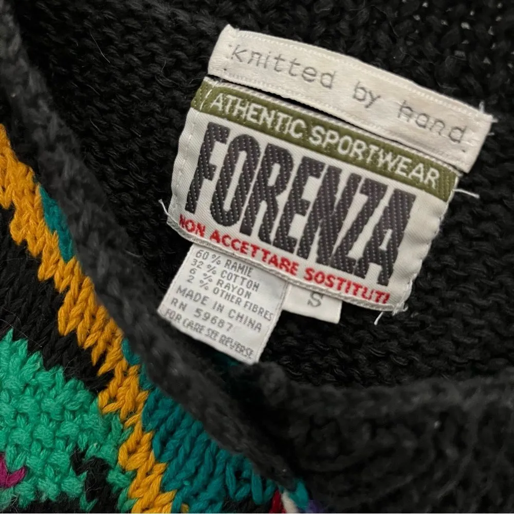 FORENZA Hand Knit Sweater Black Bright Colored Floral Womens Size Small VINTAGE - Image 7