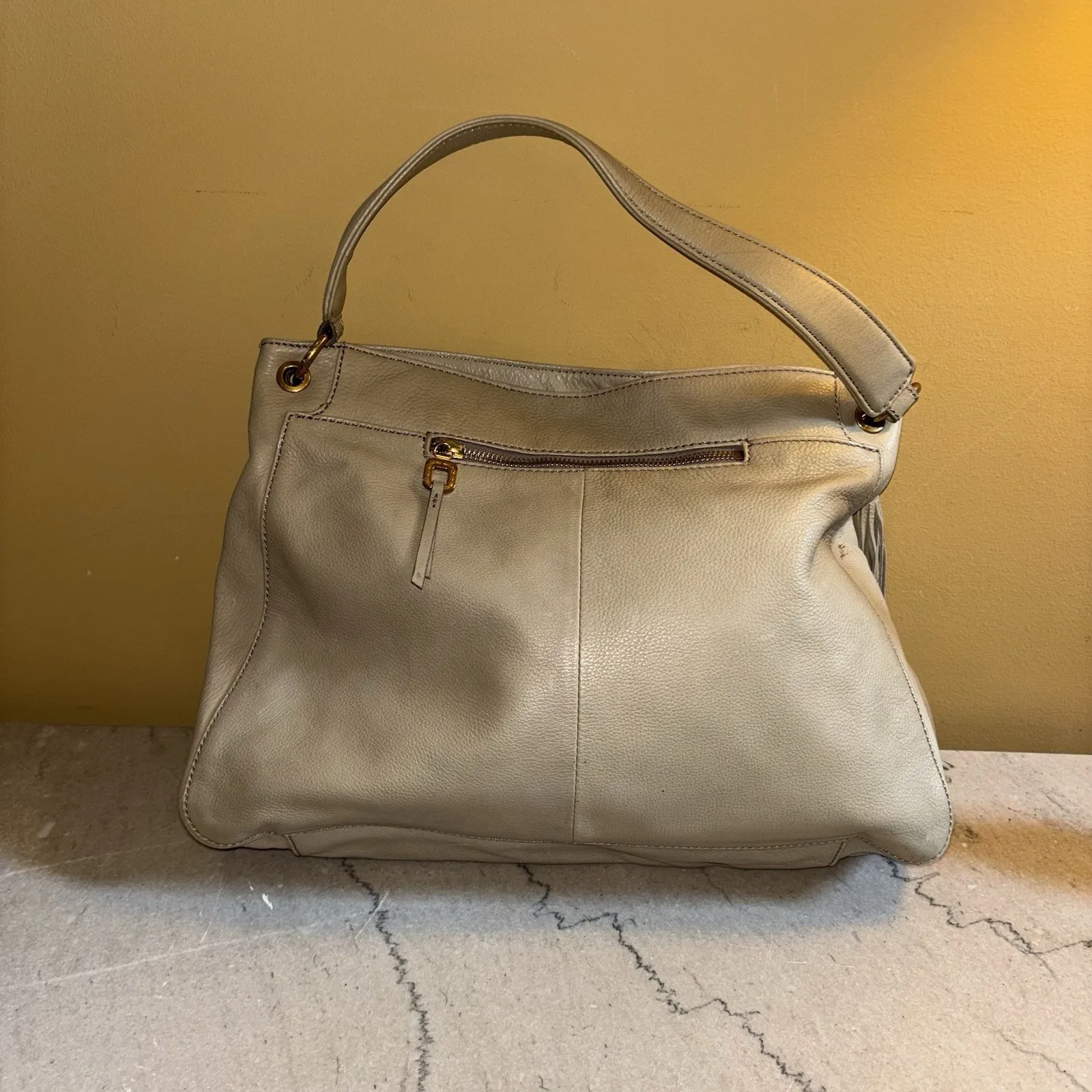 Hobo Leather Zip Top‎ Shoulder Bag Purse Beige Fringe Zipper Pull Tan - Image 2