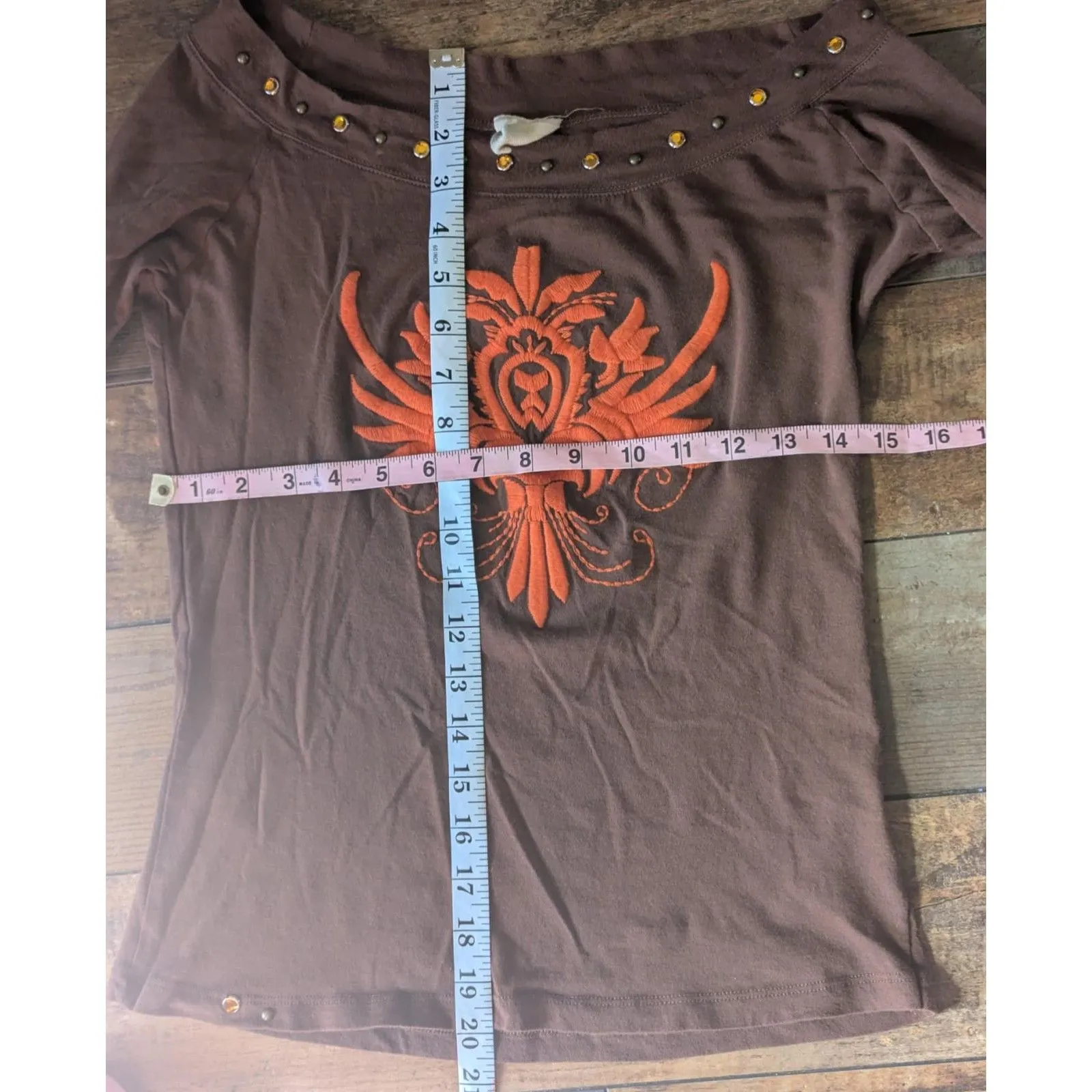 Texas Couture Rhinestone Studded Long Sleeve Top XL Western Biker Grunge Brown - Image 5