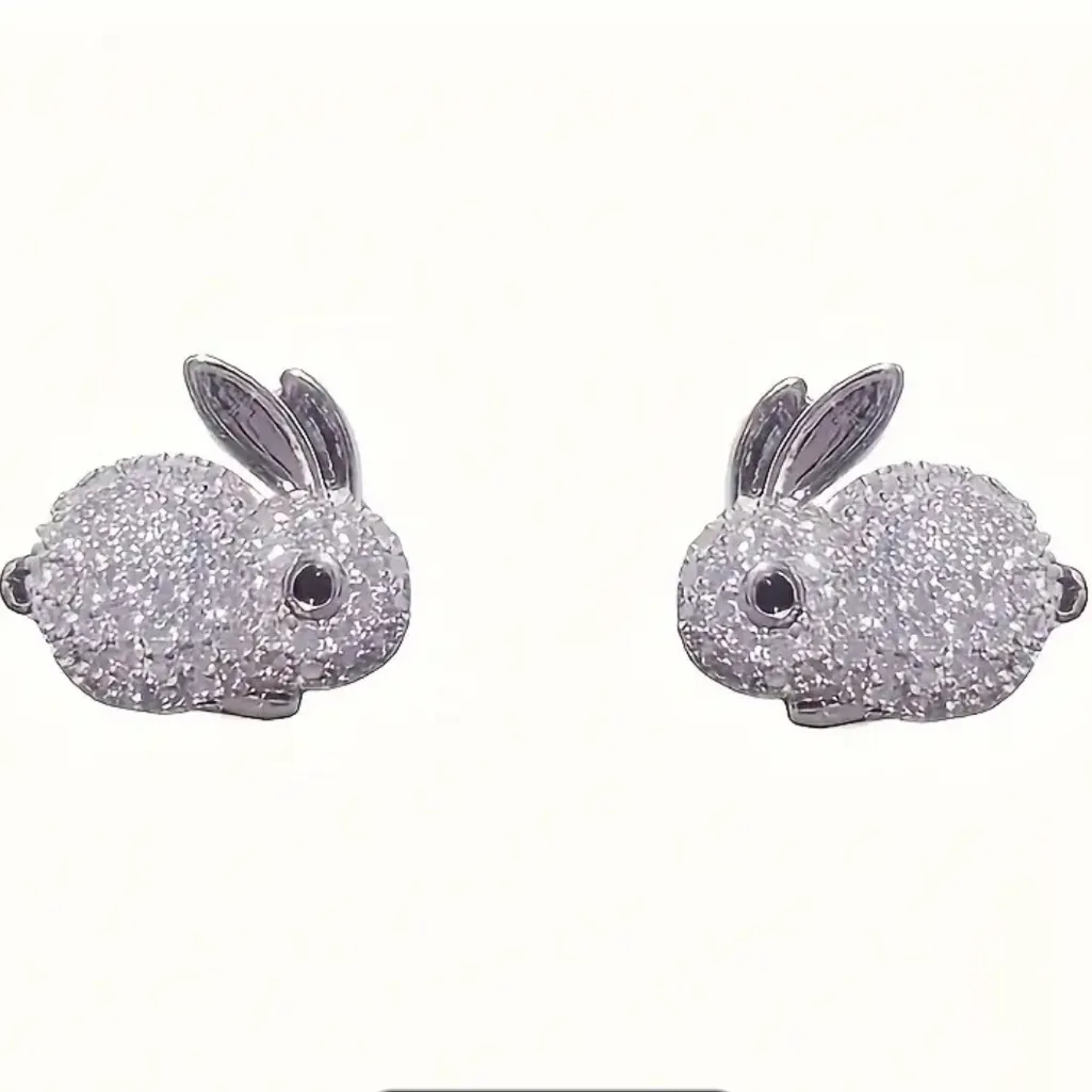 Sparkly Bunny CZ Stud Earrings Silver Tone Rabbit Easter Spring Cute NWT - Image 3