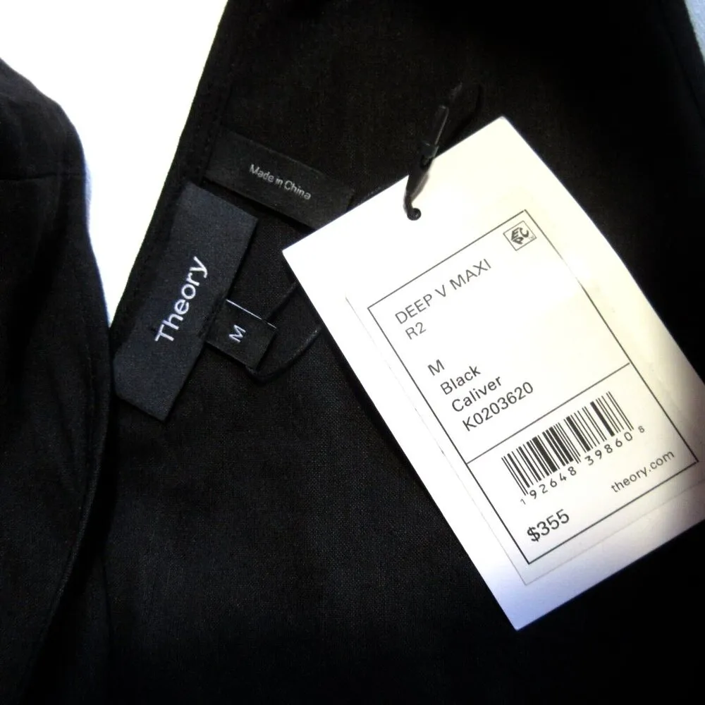 NWT Theory Deep V Neck Midi in Black Caliver Linen Black Belted Dress M - Image 3