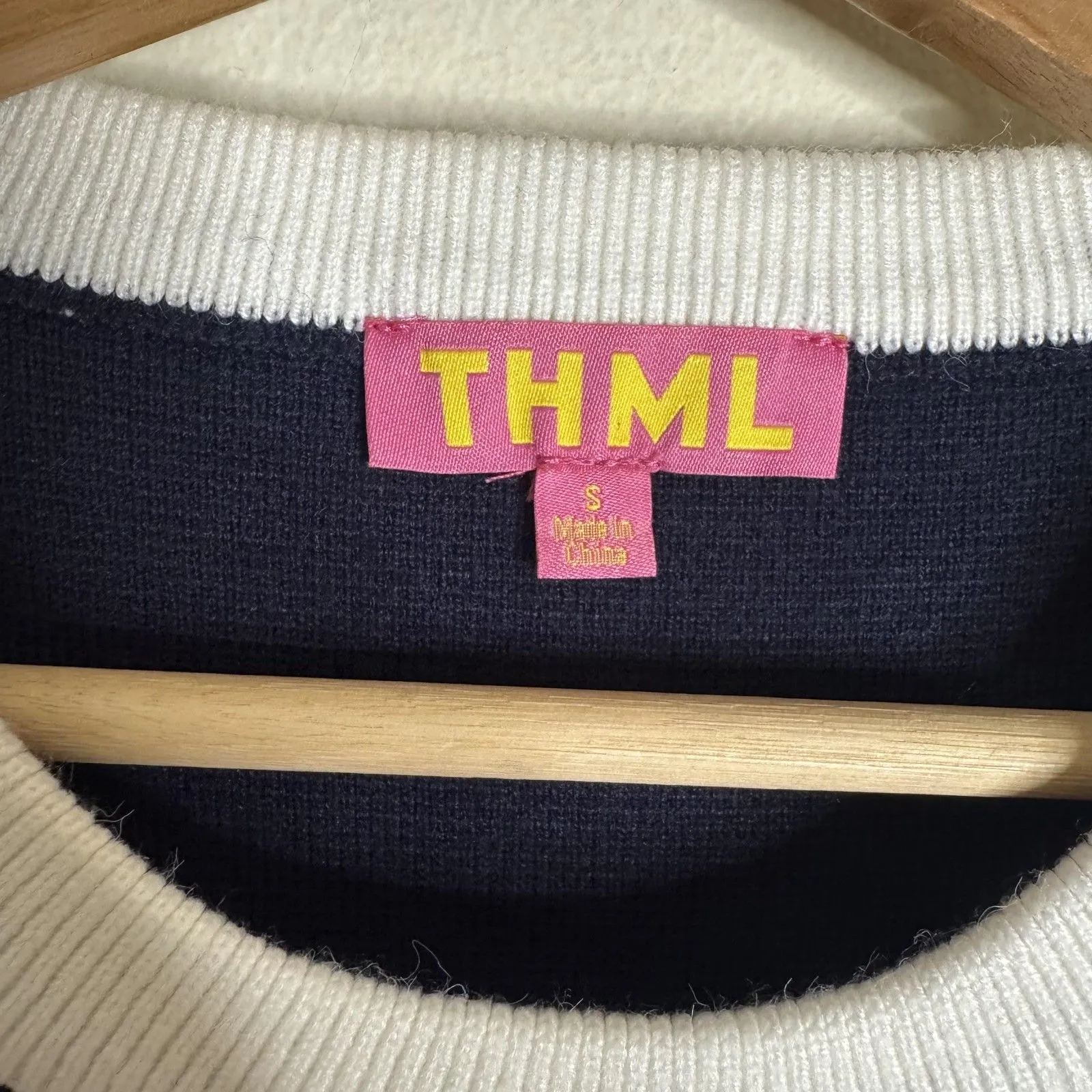 THML Sweater Womens Small Navy White Puff Sleeve Peplum Ruffle Hem Contrast Top - Image 5