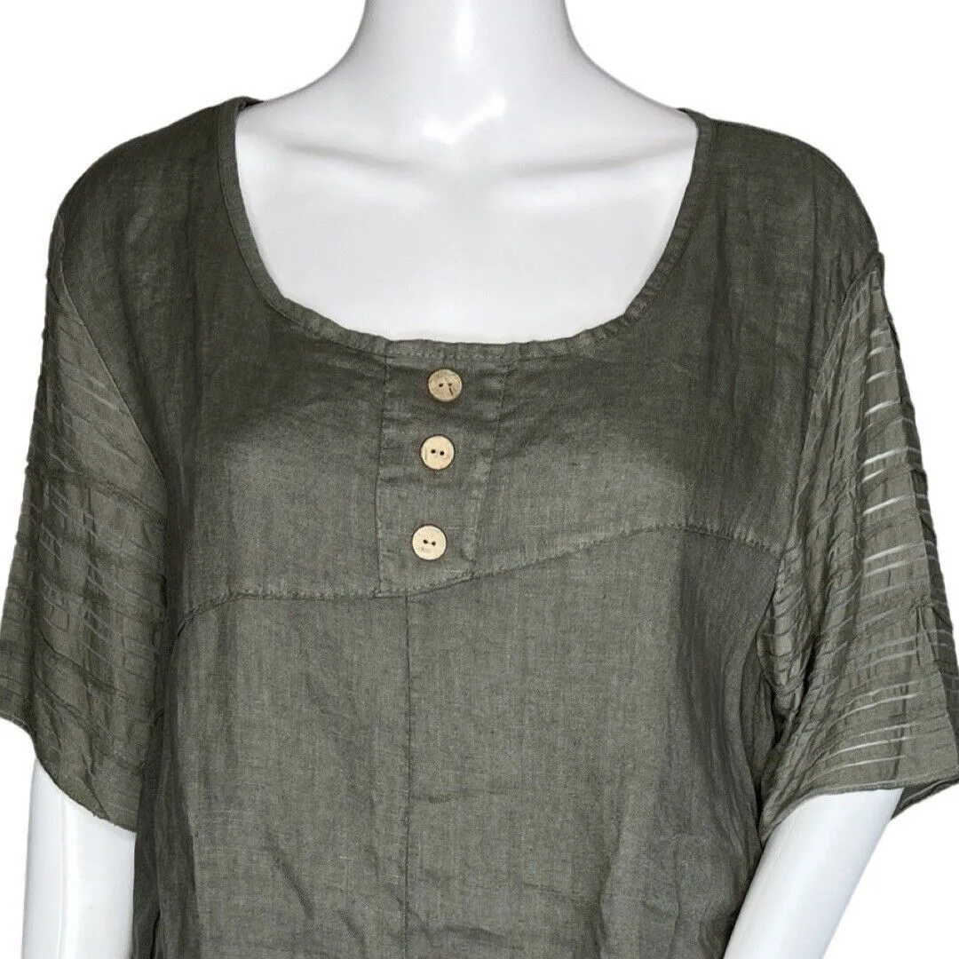 Tempo Paris Shirt Womens Small Green Linen‎ Tunic Top Neutral Basic Lagenlook - Image 5
