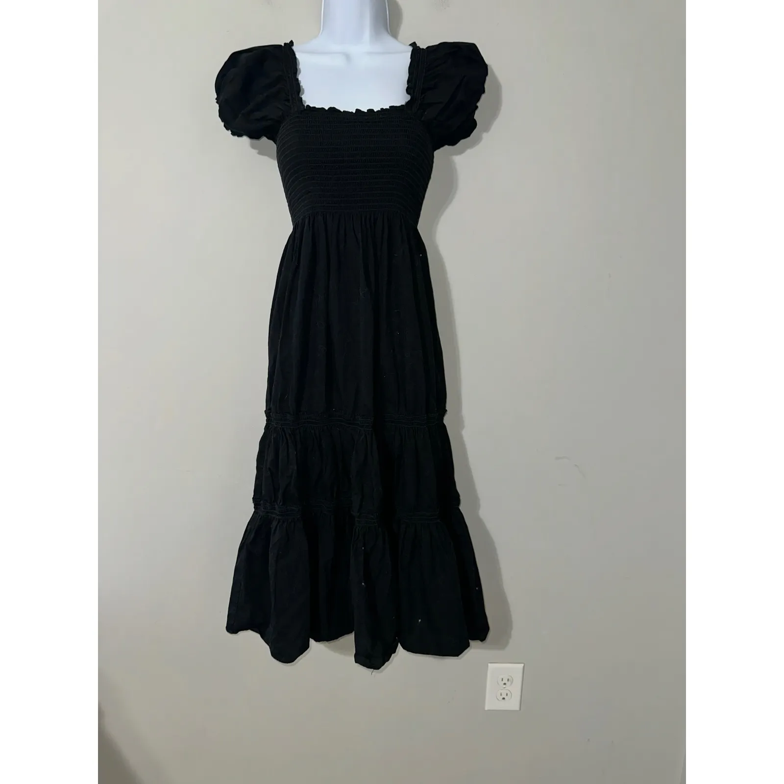 OPT Black Square Neck Smocked Puff Sleeve Tiered Midi Dress Women's Size S - Image 4