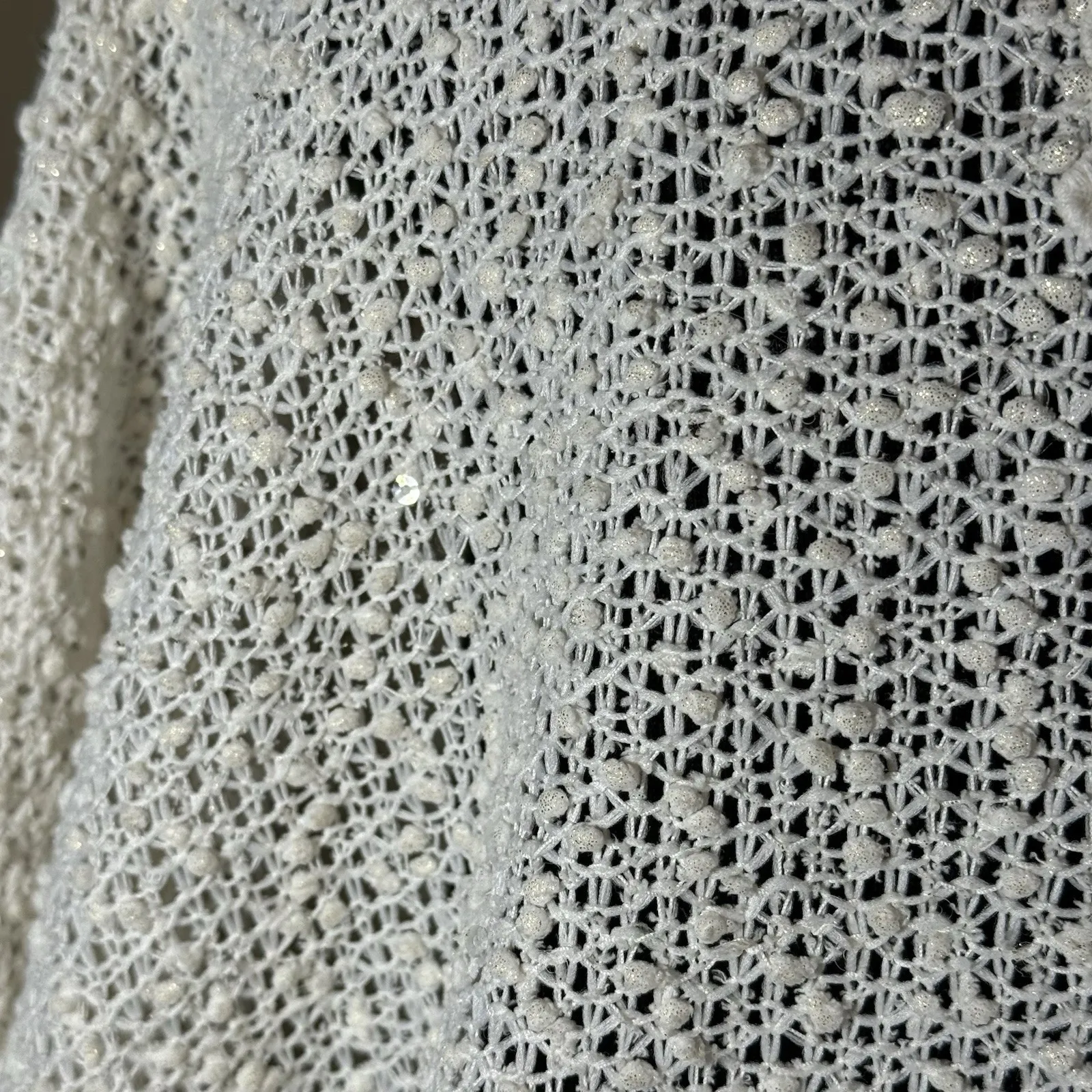 Chico's Size 2 (L) Boho Ivory Sequin Crochet Short Sleeve Open Cardigan Sweater - Image 5