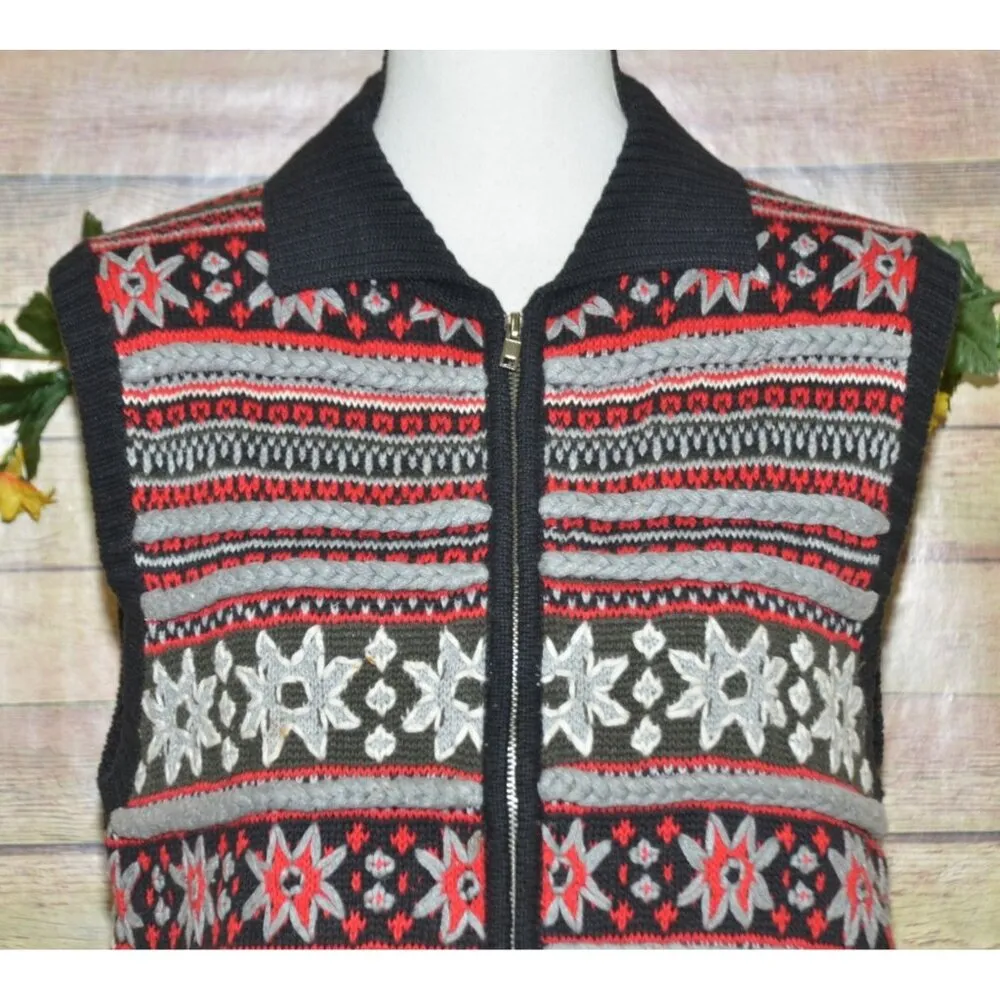 Rafaella Ladies M Zip Up Christmas Sweater Vest Snowflakes Winter Black & Red - Image 2