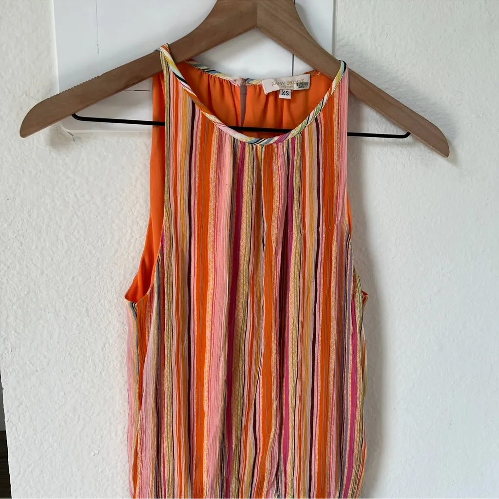 Ramy Brook Tobie Striped Smocked Waist Sleeveless Orange Silk Mini Dress - Image 6