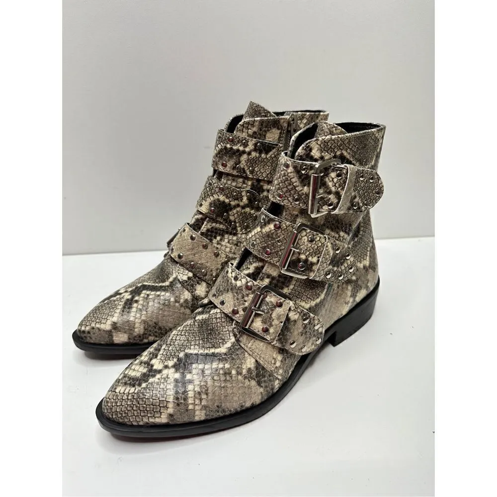 STEVEN NEW YORK Beige Snake Buckle Accent Studded Hazan Almond Toe Block Heel Black Size 6.5 - Image 4