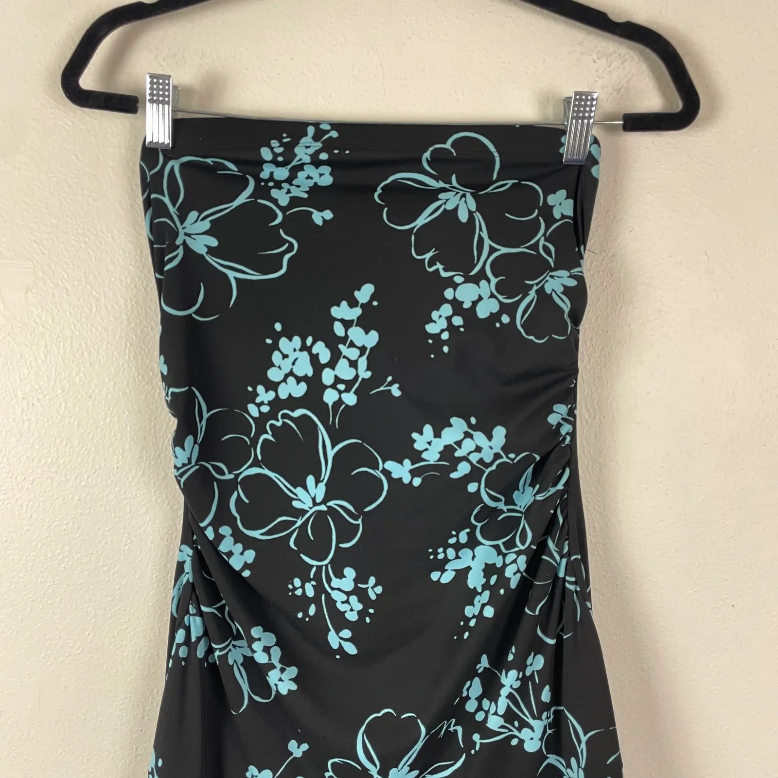 VTG Y2K City Triangles Black Floral Strapless Ruched Shark Bite Hem Midi Dress S - Image 2