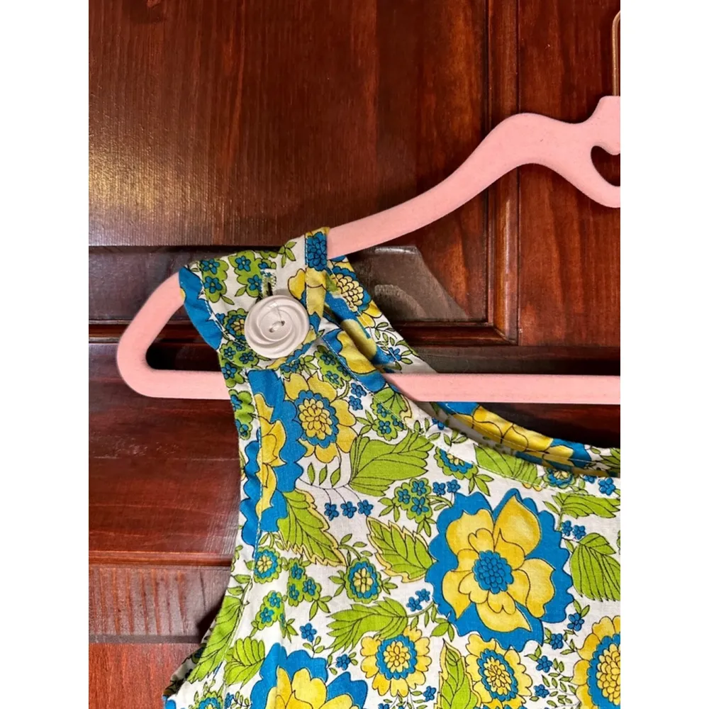 Vintage Homemade Likely a Small 70’s Blue & Yellow Floral Dress w button straps White - Image 3