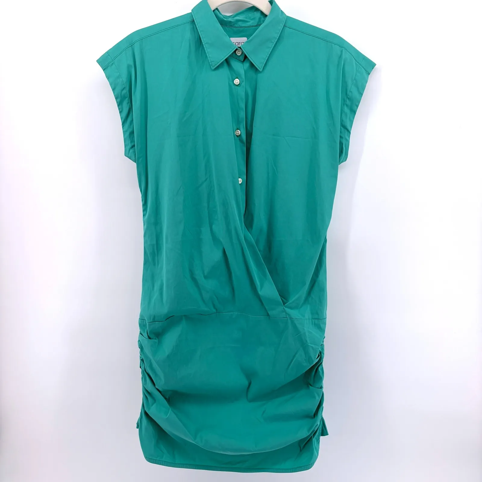 Sara Roka Teal Ruched Collared Button Up Mini Dress Medium Italy Designer Luxury Green - Image 4