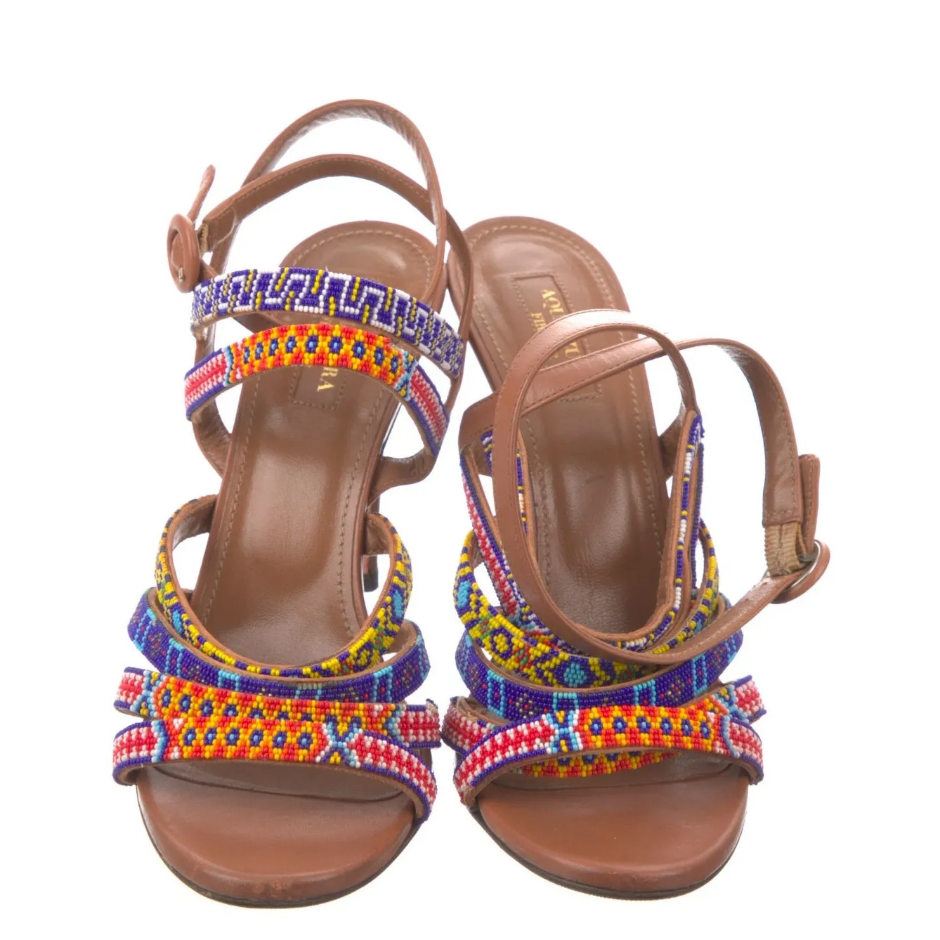 Aquazzura Masai Beaded Leather Strappy Sandals Tan Multicolor 7.5 - Image 3