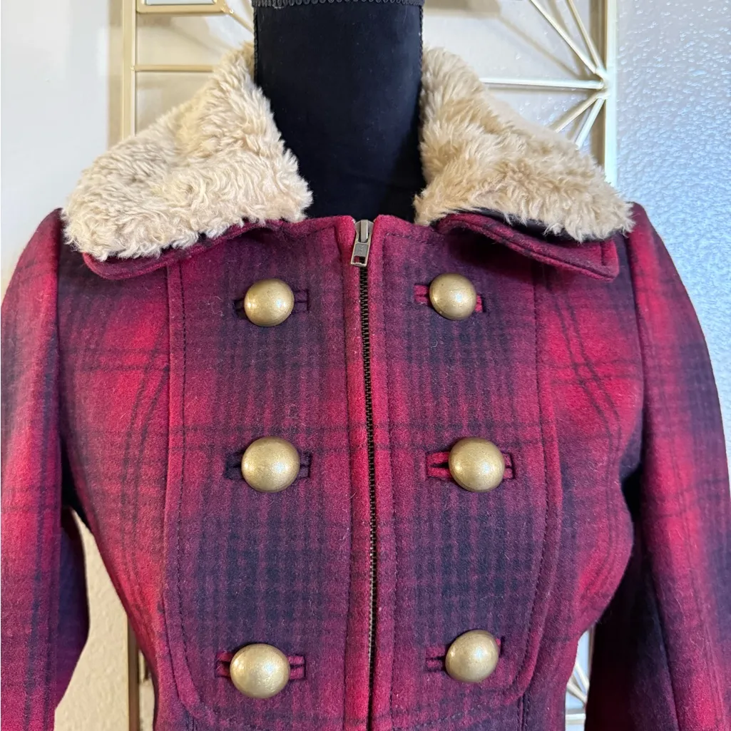 ANTHROPOLOGIE ELEVENSES
Red Plaid Fitted WOOL BLEND COAT Zip Button Womens Sz 0 - Image 5