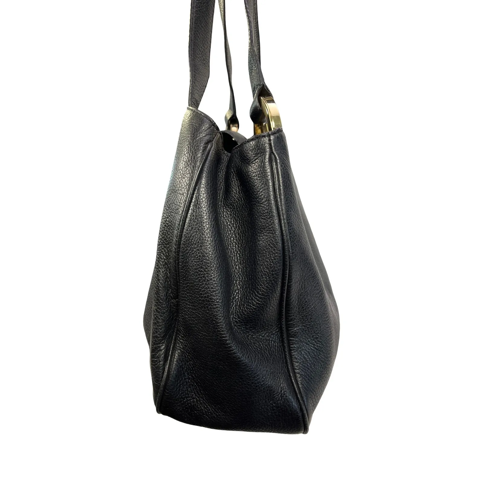 Michael Kors Black Pebbled Leather Tote Bag Gold MK Medallion Shoulder Purse - Image 8