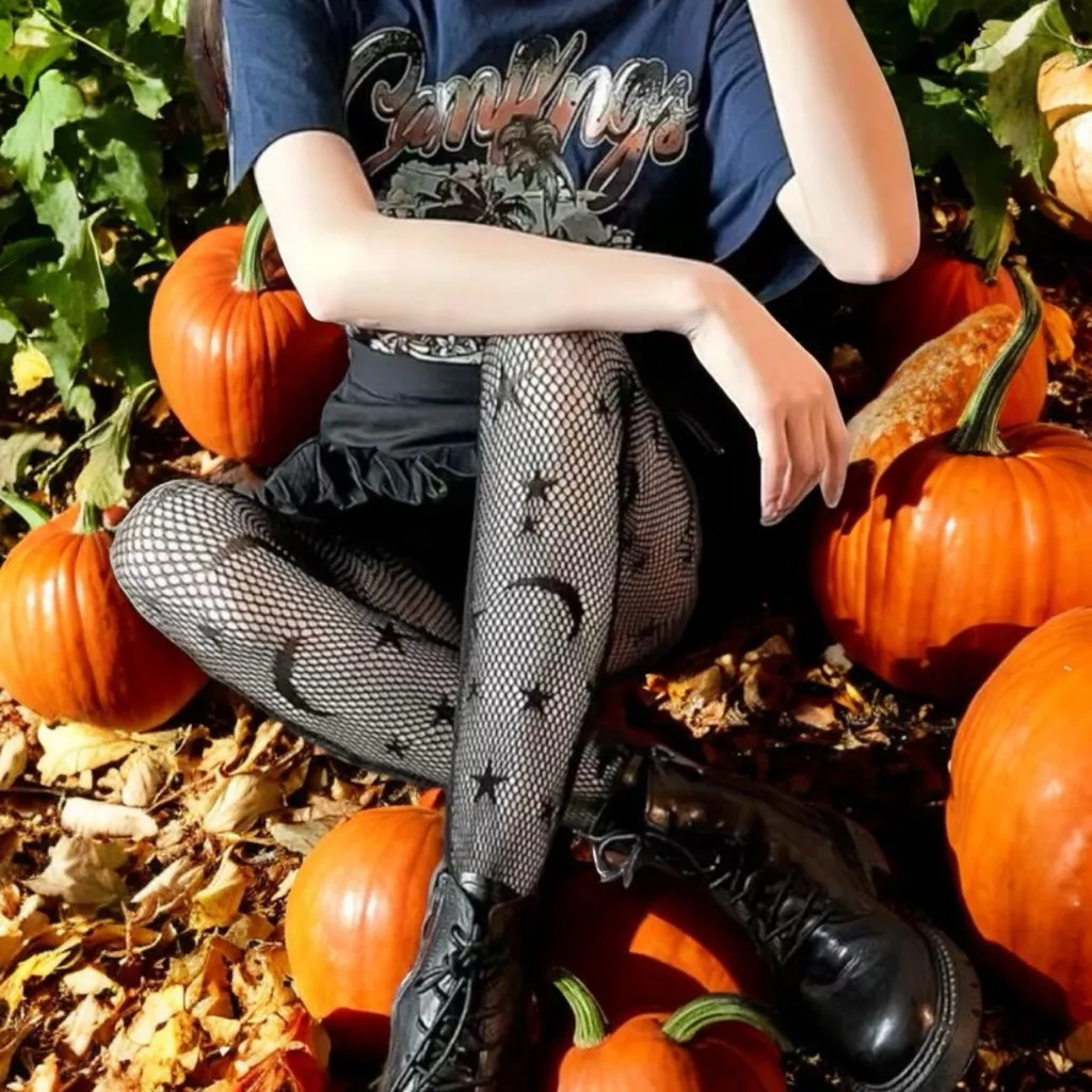 Black Moon & Star‎ Pattern Fishnet Tights, Cut Out High Waist Mesh Pantyhose - Image 3