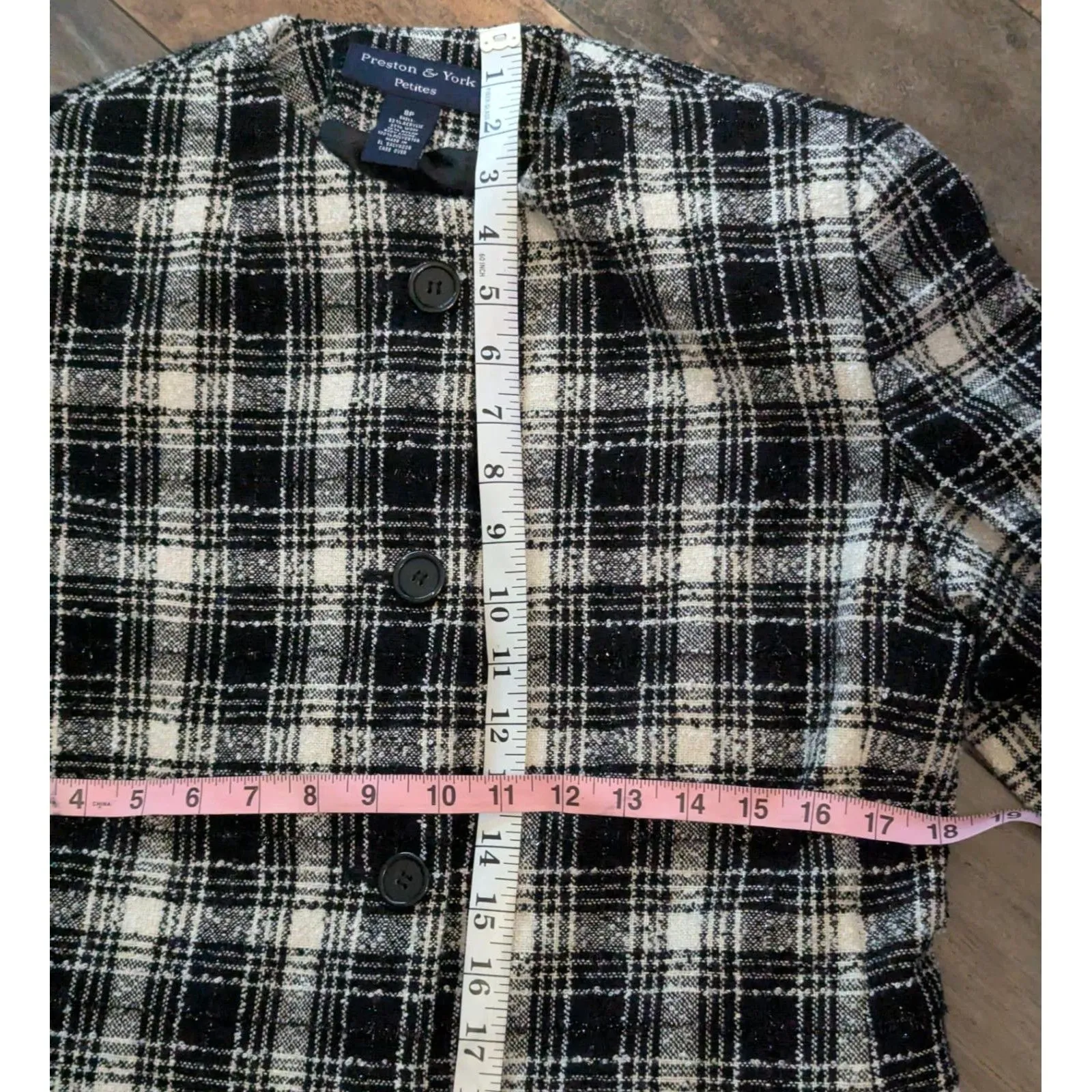 Preston & York Petites 8P Black White Plaid Tweed Collarless Blazer Wool Blend - Image 4