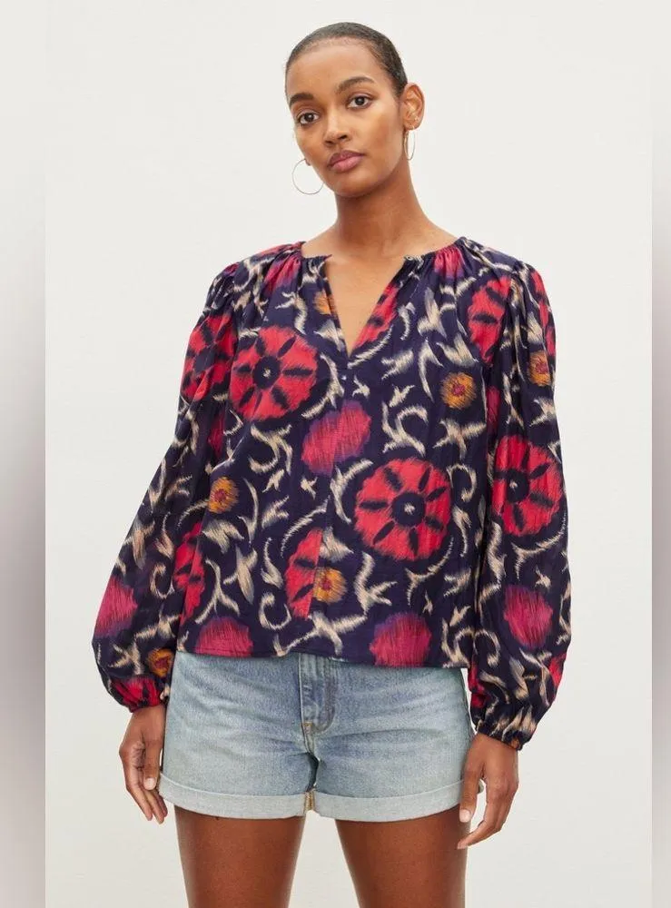 Velvet by Graham & Spencer Fraser Printed Silk Cotton Voile Top in Twilight $207 Black - Image 9