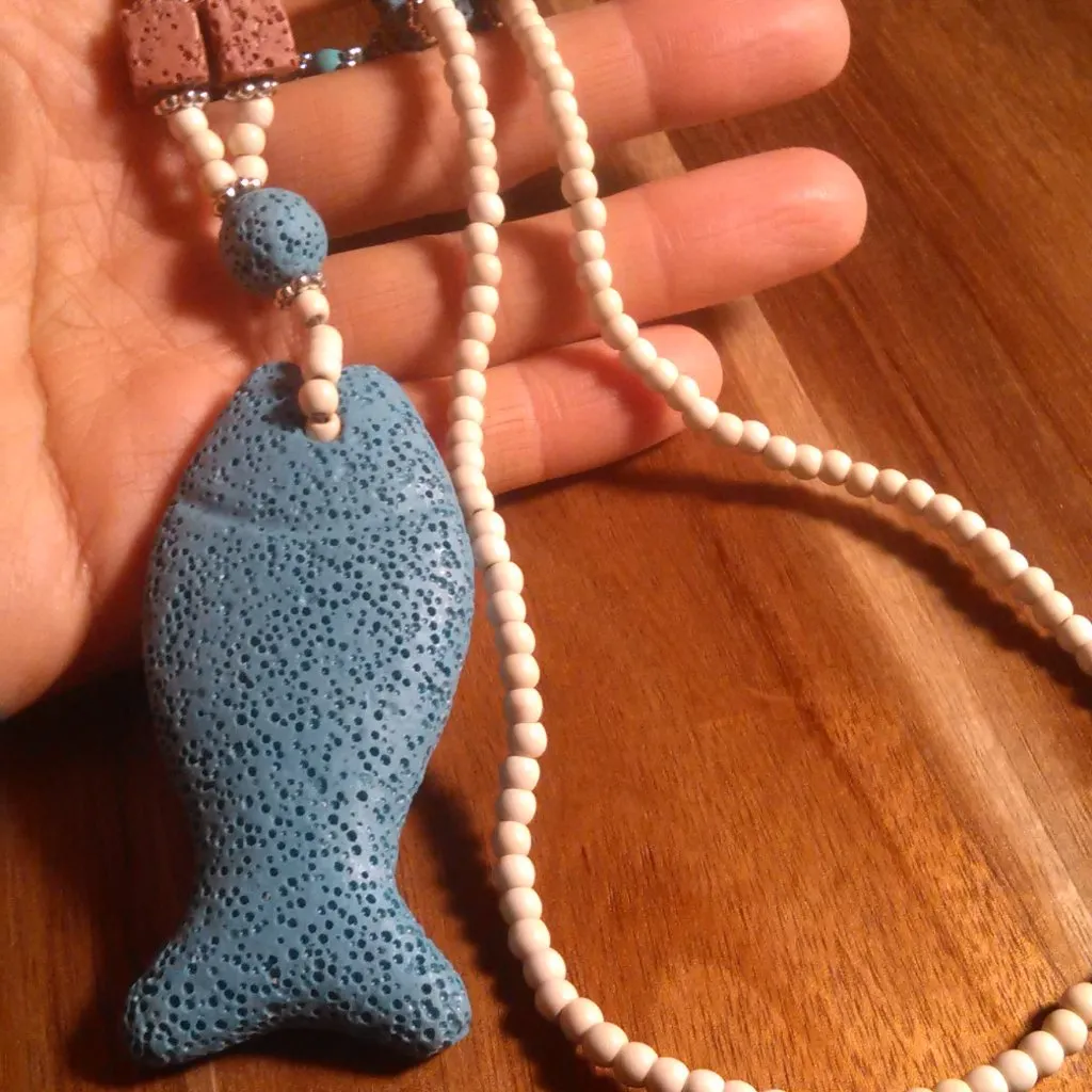 White and Blue Howlite and Lava Stone Fish Pendant Necklace (28 Inch) - Image 5