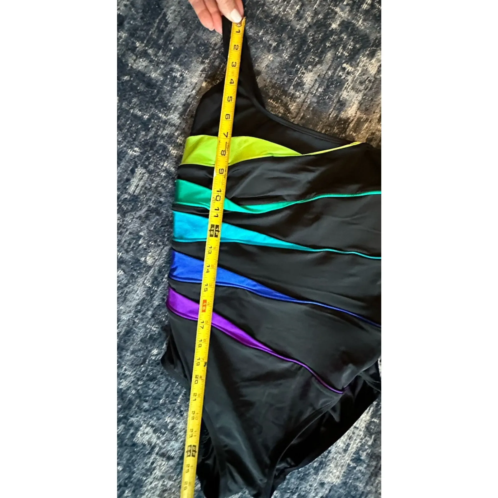 St. John's Bay Swimsuit One Piece Size 16 Black Ruched Colorful Stripes Padded - Image 5