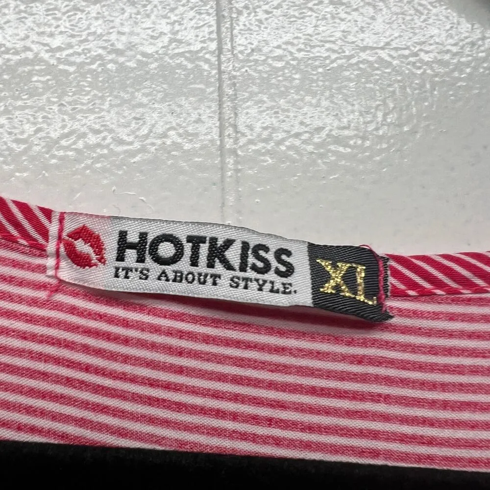 Hot Kiss Women's Pin Striped Red V-Neck Short Sleeve Top Size XL Lightweight - Image 2
