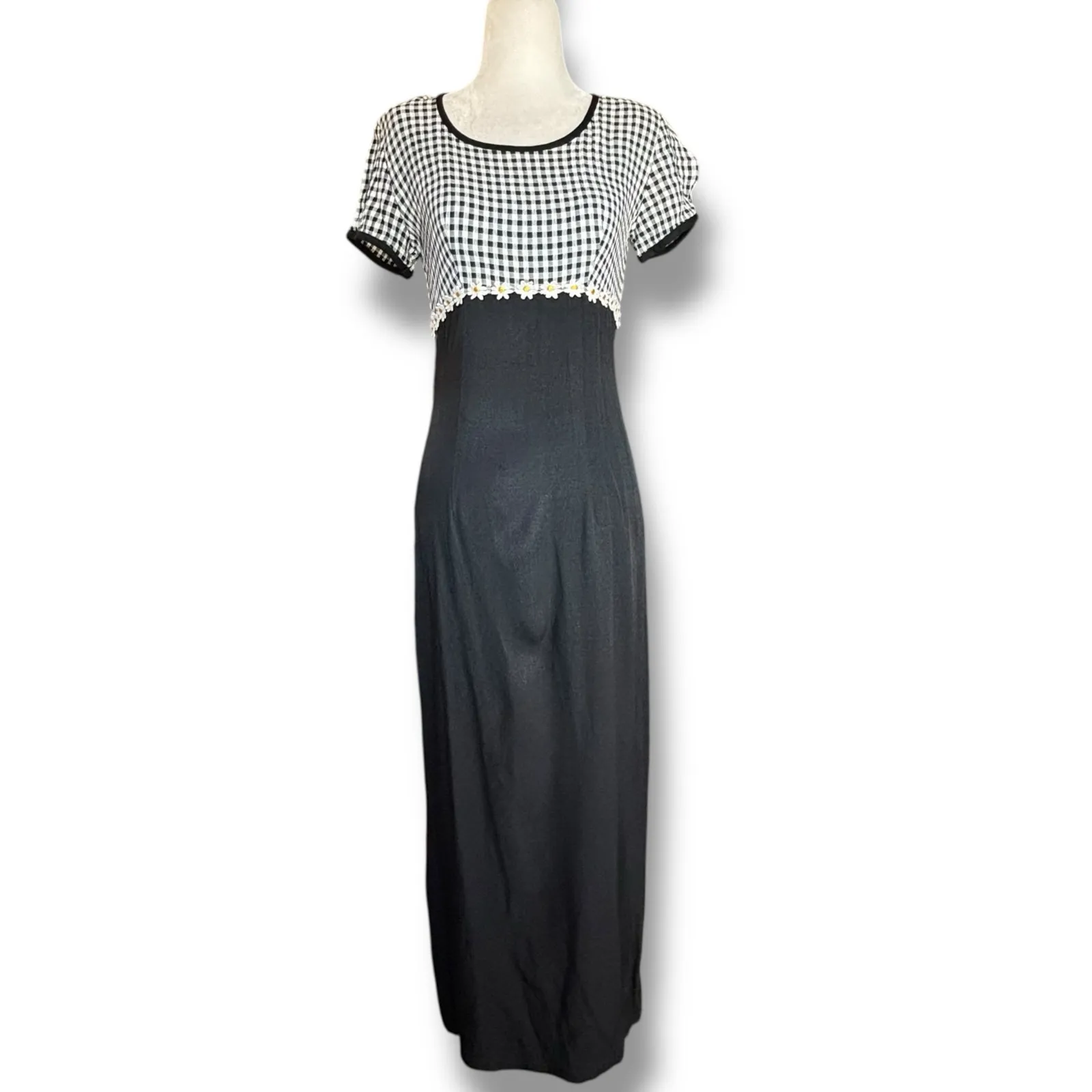 Vintage 90s All That Jazz Daisy Trim Gingham Maxi Dress Black White Yellow - Image 9