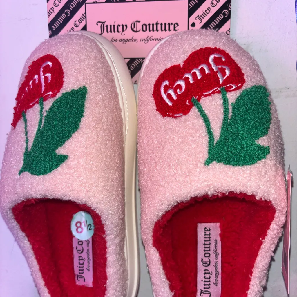 Juicy Couture Pink Slippers with Red and Green Floral Embroidery - Image 2
