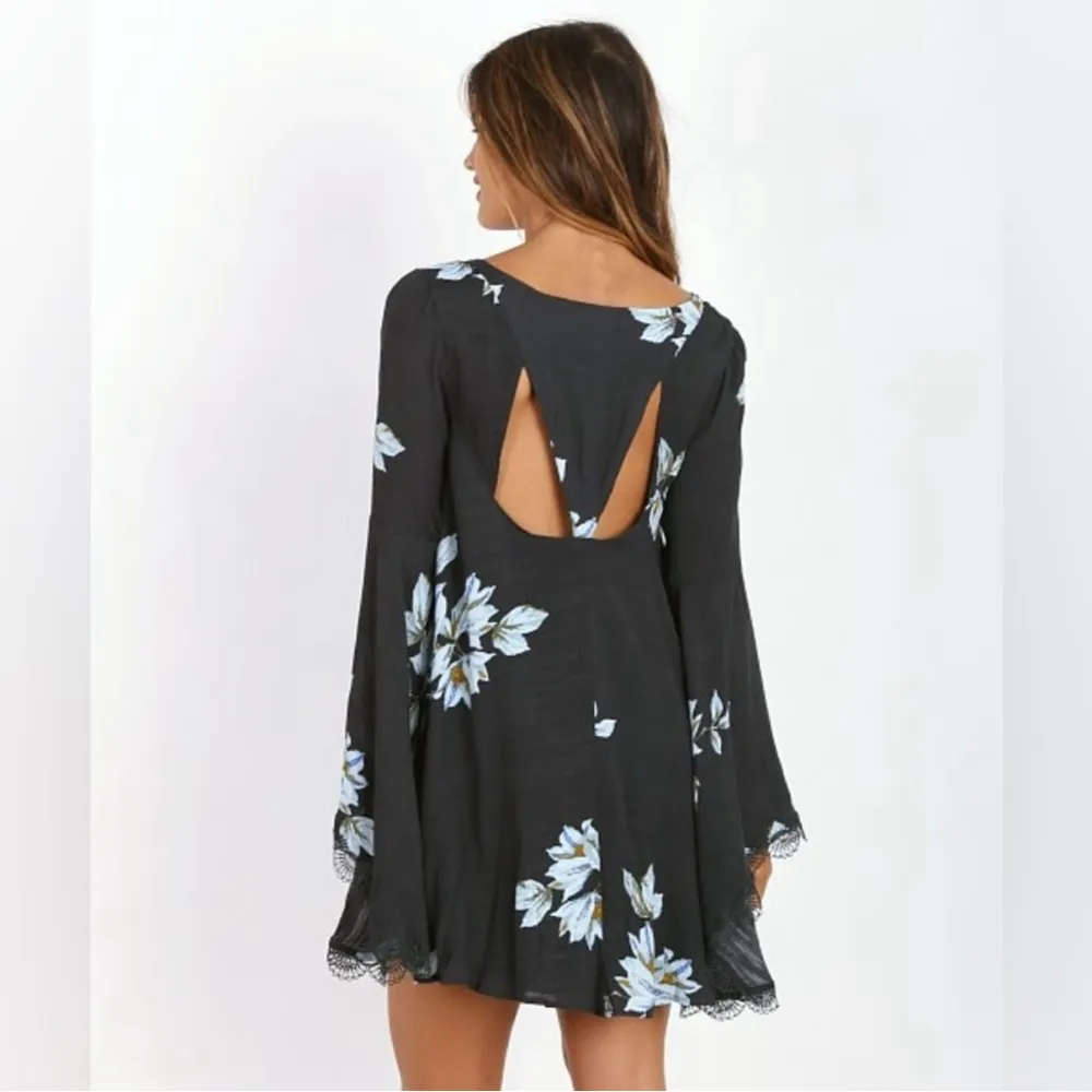 Free People Wanderer Mini Dress Floral Bell Sleeves Lace Cutout Charcoal Small - Image 2