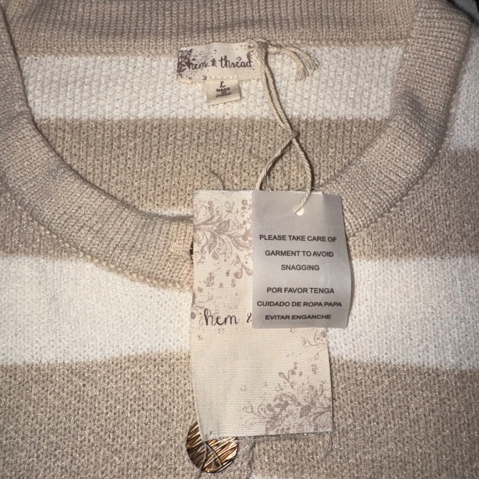 Hem & Thread Striped Button Cardigan Women's S Cream Tan Long Sleeve - Image 8