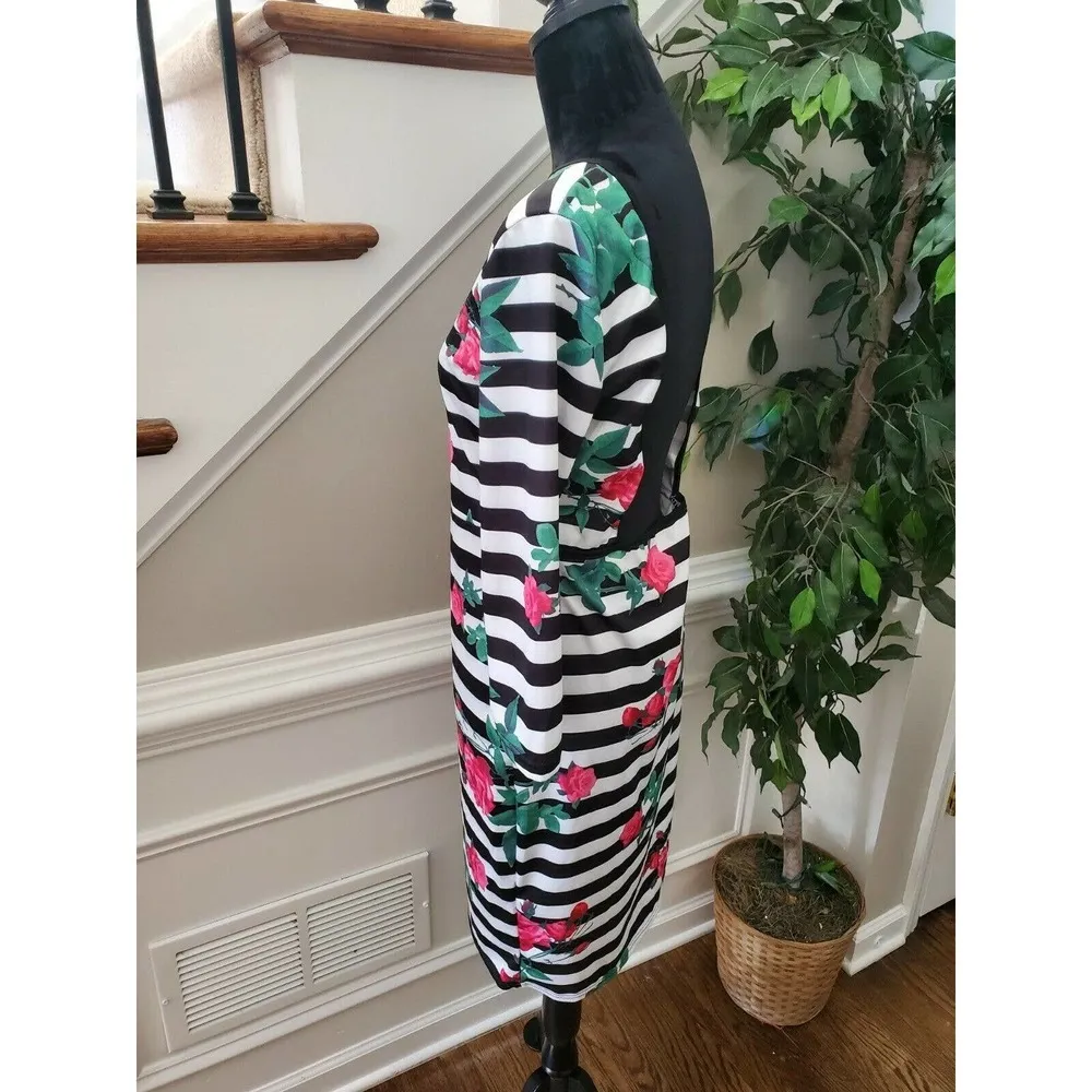 Black & White Floral Womens Polyester Boat Neck Long Sleeve Knee Length Dress XL - Image 6