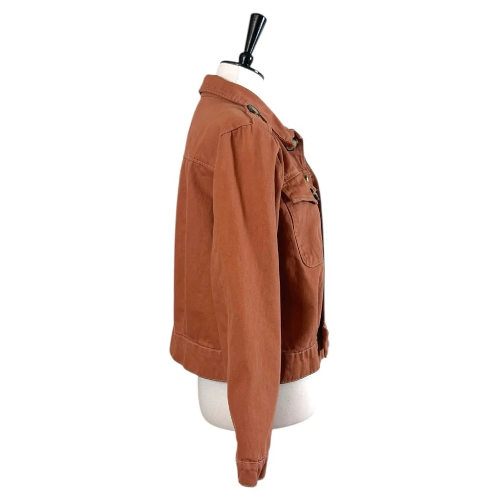Free People Denim Jean Jacket Button Front Terracotta Orange Women’s Size Medium - Image 3