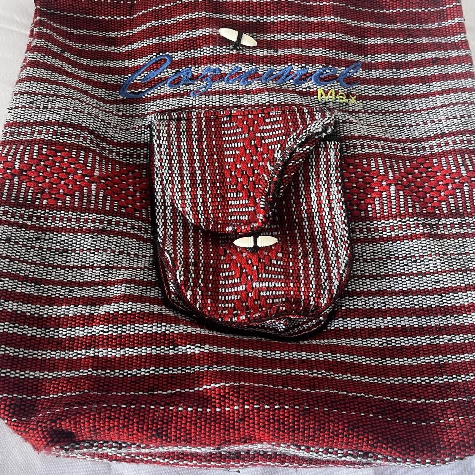 Backpack Cozumel LA CASA DEL SARAPE Red Gray Baja Mexican Knit Drawstring - Image 3