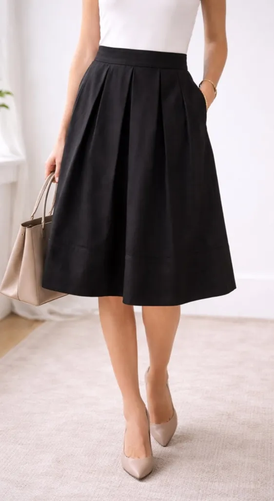 1901 Black Pleated A-Line Skirt Women’s 8 Cotton Stretch Lined Capsule minimali - Image 1