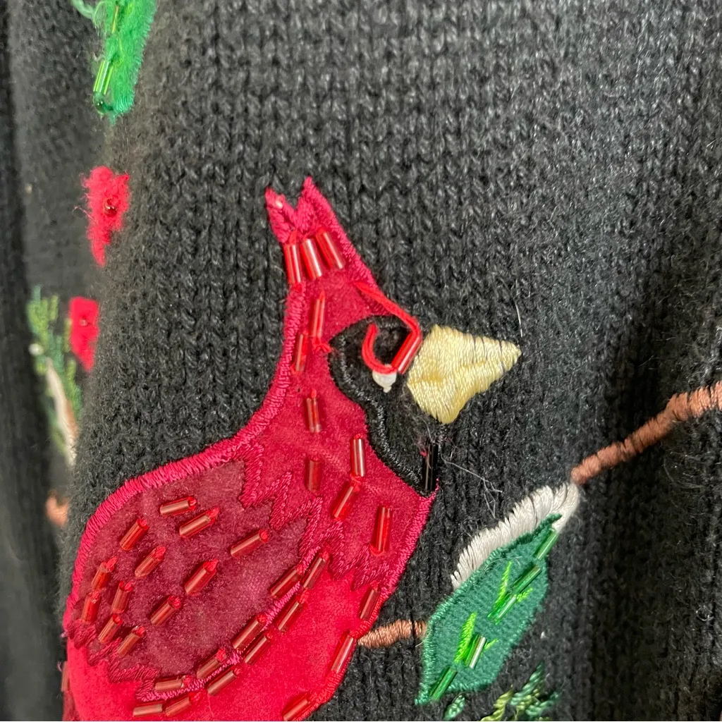 Vintage Christmas Cardigan 3D Ugly‎ Xmas Sweater Party Birds Nest Embellished Sm Black - Image 7