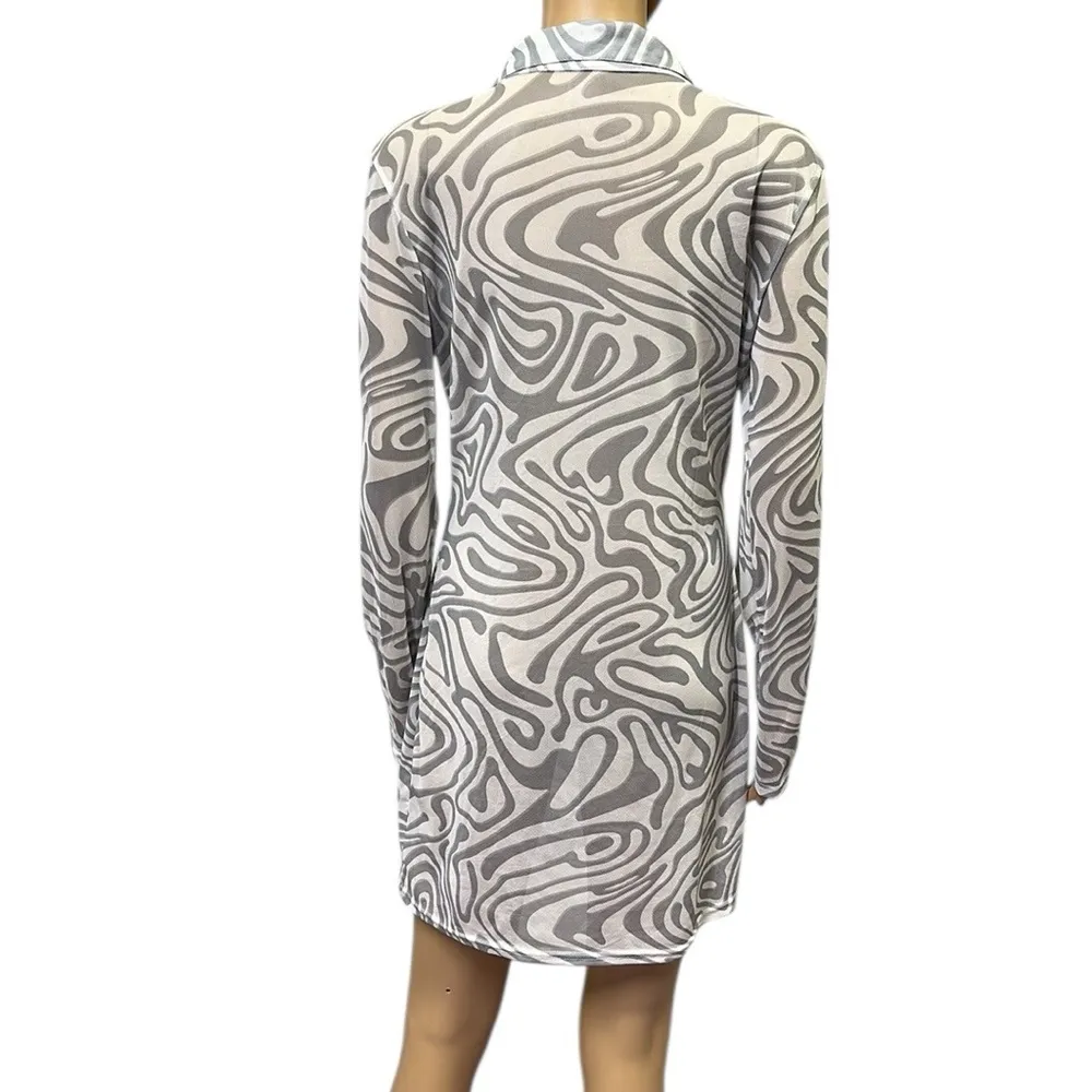 White Gray Swirl Stretch Mesh Semi Sheer Long Sleeve Half Button Up Mini Dress S - Image 4