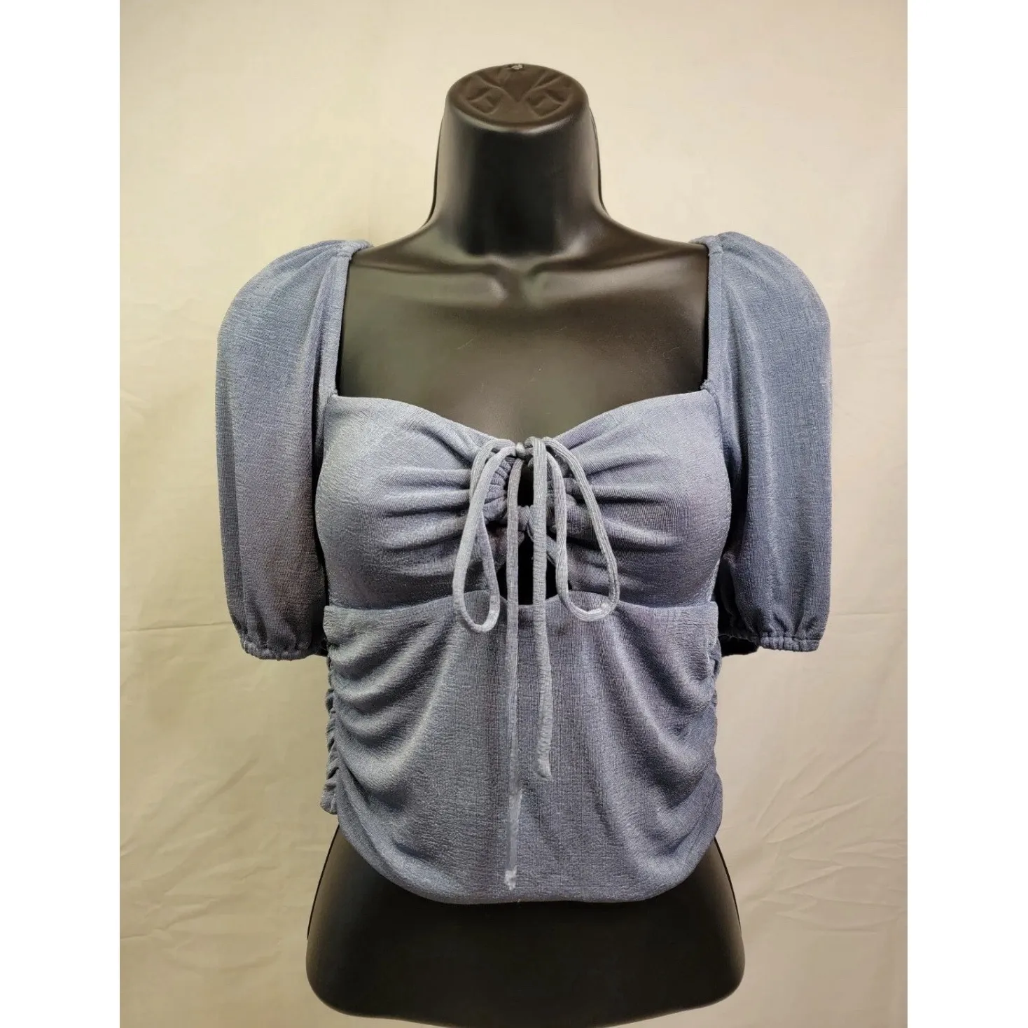 Sophie Rue M Slinky‎ Front Tie Blouse Blue Dust Size Xl Peasant Cropped Puff - Image 12