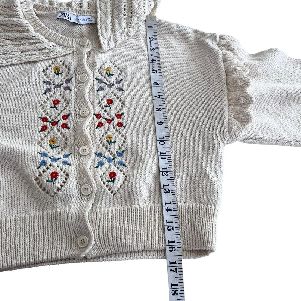Zara Cream Floral Embroidered Eyelet Collar Frill Sleeve Cardigan Sweater Size S - Image 9