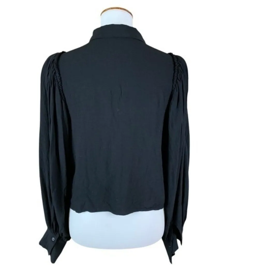 Zara Black Long Sleeve‎ Button Front Blouse Women’s Medium Boho Ruffle Shoulder - Image 4