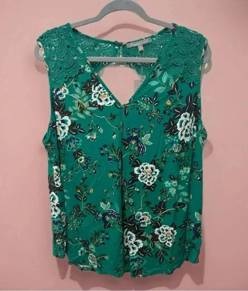 New Daniel Rainn Tropical Green Floral Sleeveless Blouse Crochet Lace Womens 2XL - Image 3
