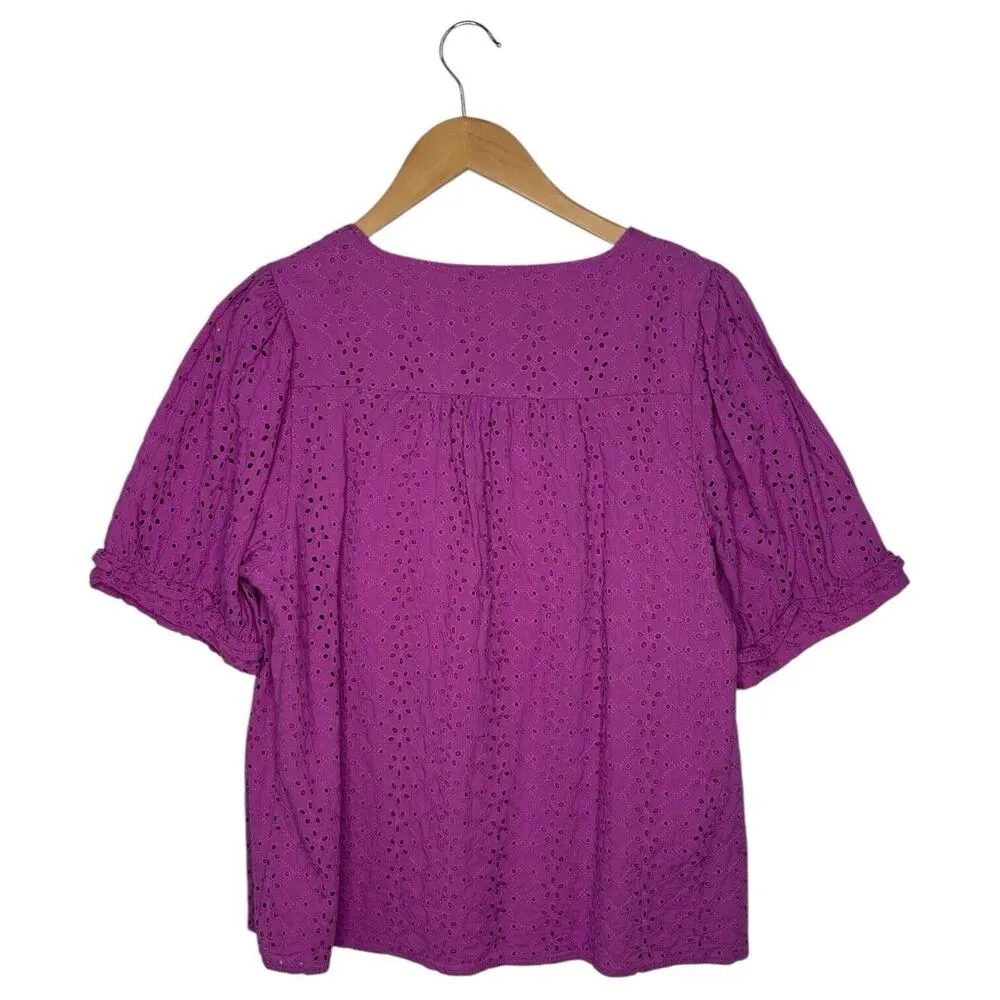 Draper James Top Womens L Eyelet V Neck Short Bubble Sleeve Embroidered Purple - Image 6