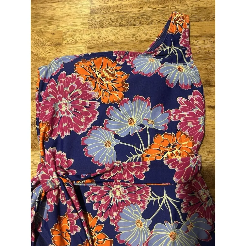 Jones New York One Piece Swimsuit Floral One Shoulder Tie Waist Medium Beach - Image 4