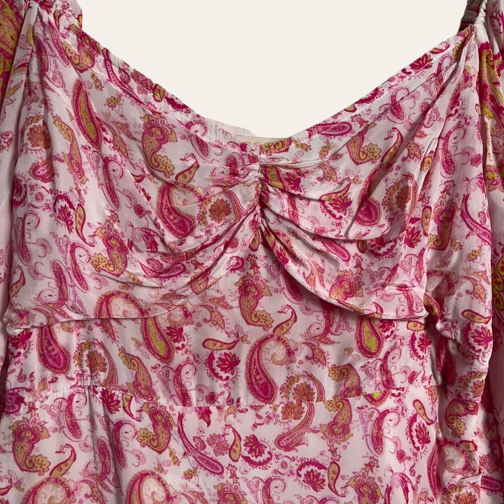 Rococo Sand Pink White Paisley Print Long Puff Sleeve Mini Dress Size M Size M - Image 4