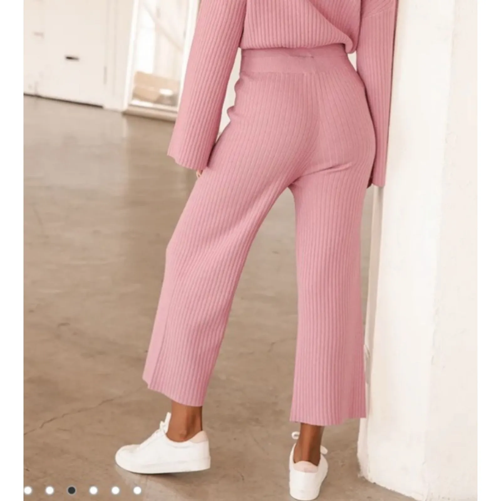 Lulus Snuggly Style Mauve Pink Ribbed Knit Wide-Leg Pants High Waist Sz M - Image 9