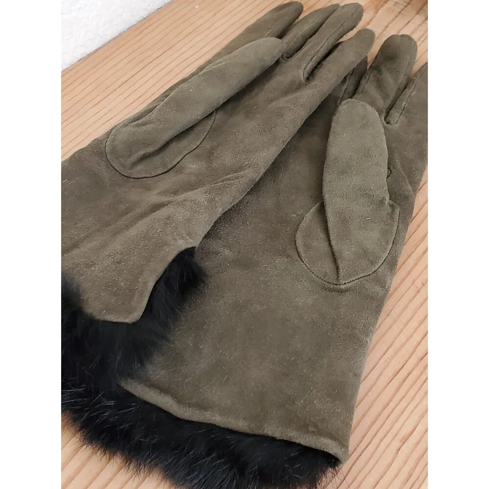 VTG Rabbit Fur Cuff Gloves Ladies Women Size 6.5 Green Leather Black Mob Wife - Image 11