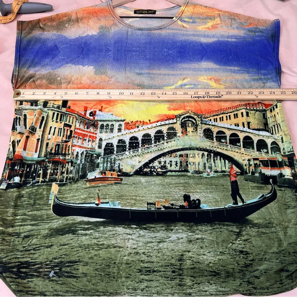 Gizel Mesh Colorful‎ Scenery Graphic Print Rhinestone Embellished Cap Sleeve Top Orange Size L - Image 11