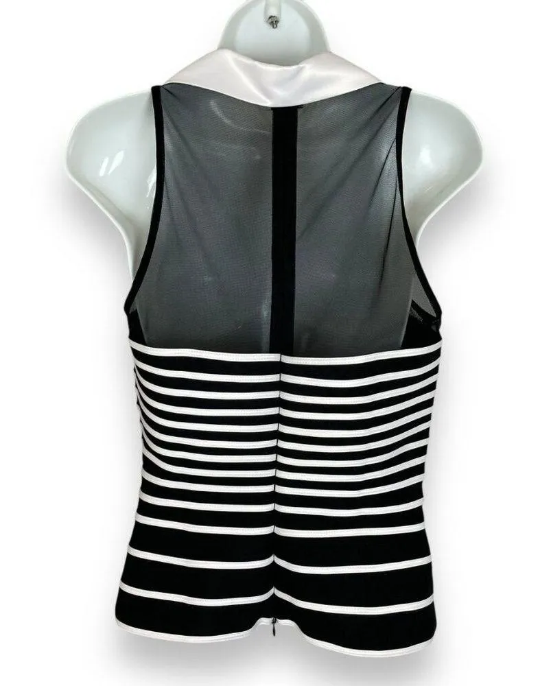 Caché Top Collared Striped Rhinestone Buttons Sleeveless Black White Sz 6 Blouse - Image 2