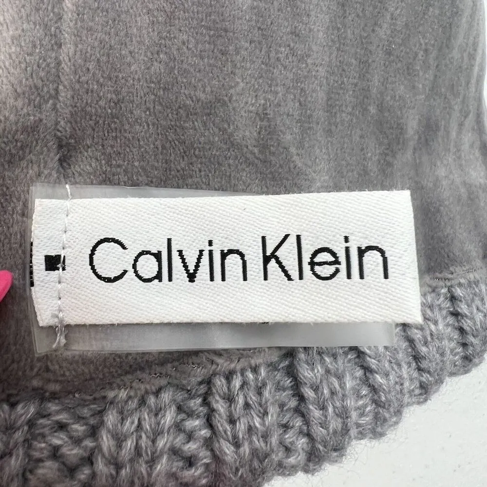 CK Calvin Klein Grey Rib Knit Winter Beanie Faux Fur Pom Pom Hat - Image 8