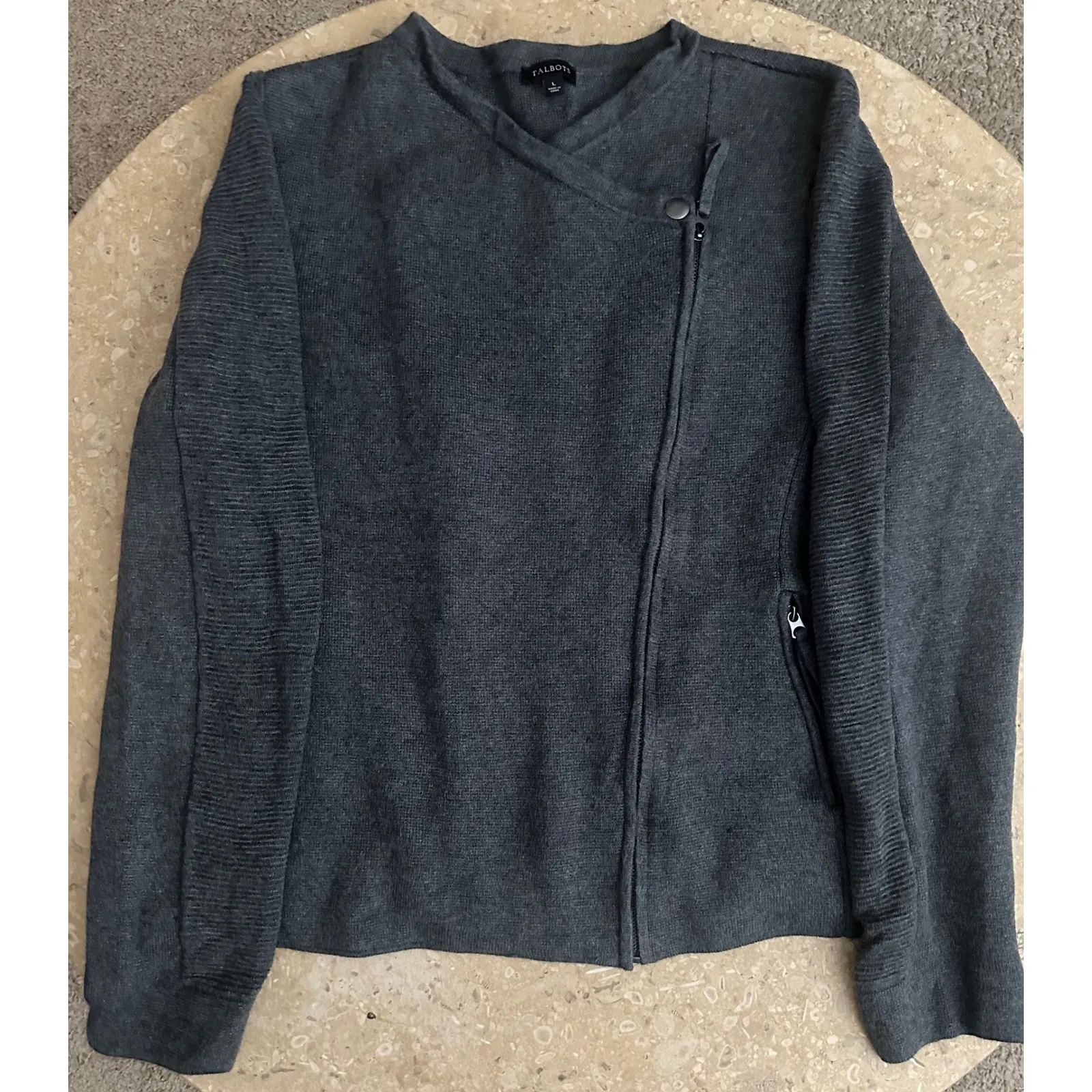 Talbots Women's Charcoal Gray Heavy Knit Moto Jacket Cardigan Size L EUC - Image 5
