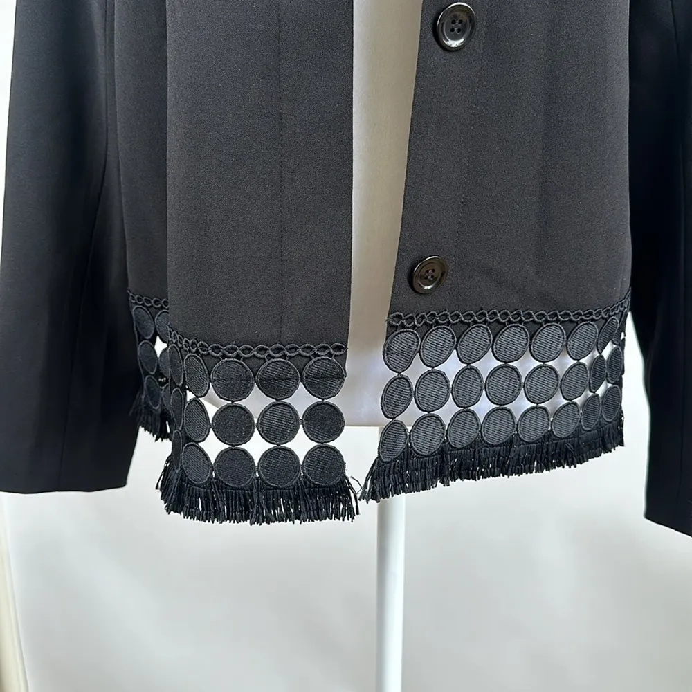 Dennis Basso Black Luxe Crepe Button Front Jacket Fringe Trim Size 4 NWT - Image 5