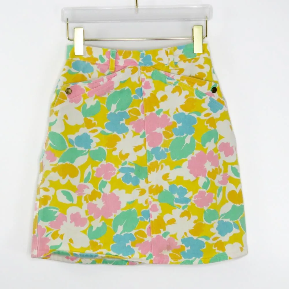 1990s Vintage Union Bay Yellow Pastel Floral High Rise Denim Mini Skirt 26" - Image 10