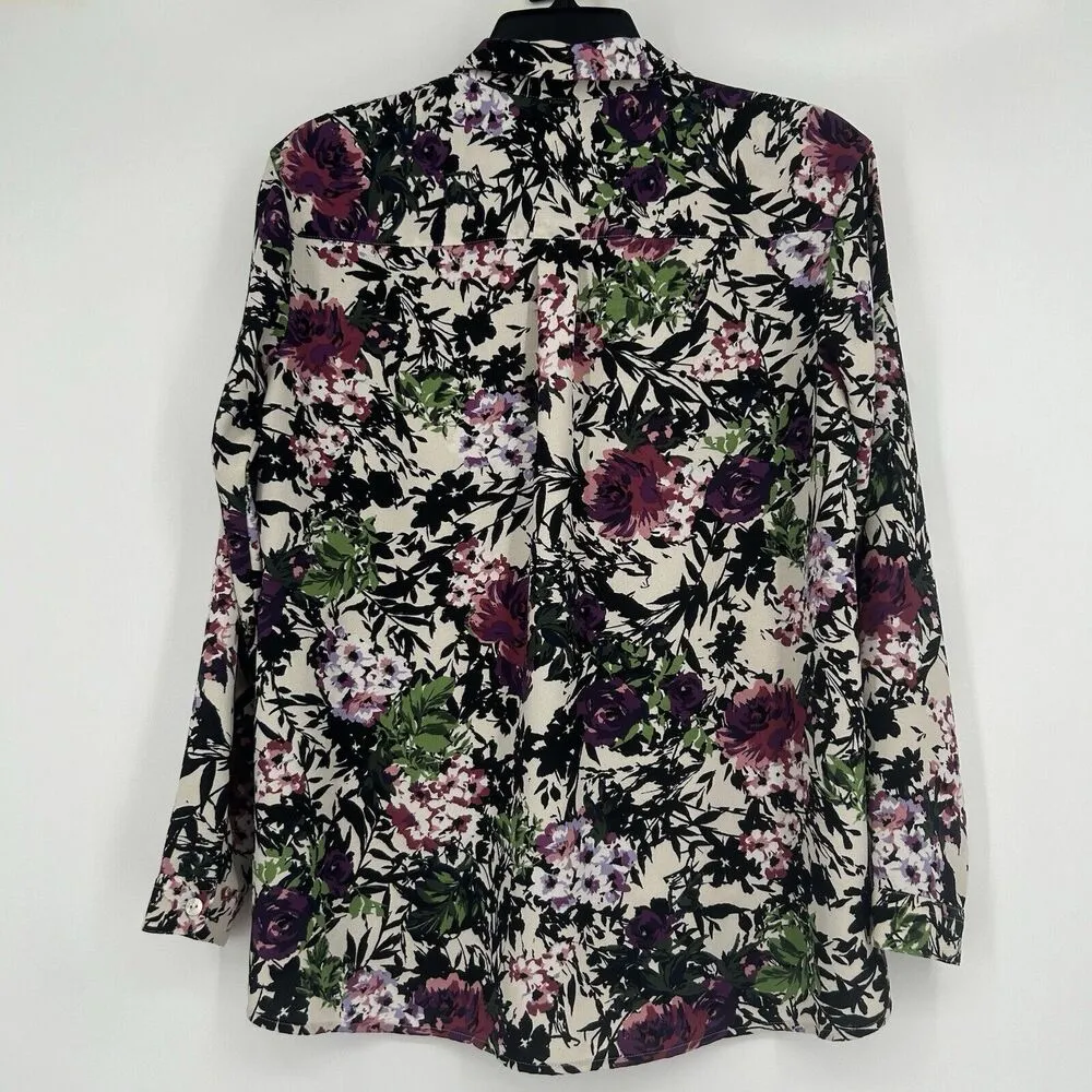 J Jill Floral Button Up Shirt Ivory Black Long Sleeve Office Career Size XS - Image 6
